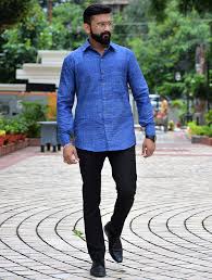 blue cotton khadi full sleeve shirt