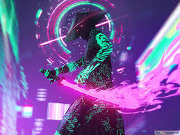 cyberpunk neon ninja with purple fire