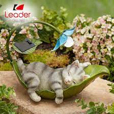 Solar Polyresin Cat Relaxing Statue For