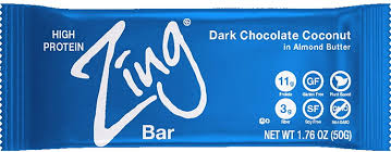 zing plant based protein bar dark chocolate coconut 24 count macaroon style shaved coconut 11g protein and 3g fiber vegan gluten free non