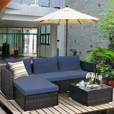 5 Pieces Patio Rattan Sectional Furniture Set With Cushions And Coffee Table Navy