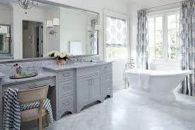 gray master bathroom with white marble