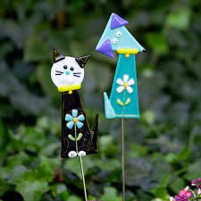 Dog Cat Fused Glass Garden Stake