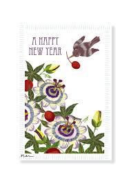 New Year Card Flowers Fruits And A Bird Pear Design
