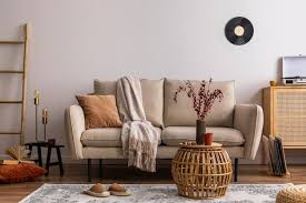 beige sofa with carpet pillow plaid