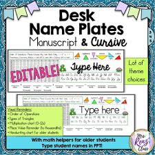 Desk Name Plates Cursive Manuscript With Math Helpers Desk Name Tags Editable