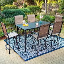 Phi Villa Black 7 Piece Metal Rectangle Outdoor Patio Bar Set With Wood Look Bar Table And Padded Swivel Bistro Chairs