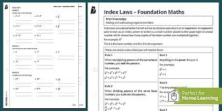 Index Law Worksheet Home Learning