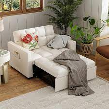 64 9 In W Beige Cotton Twin Size Convertible Sofa Bed Pull Out Sleeper Loveseat With Adjustable Backrest Square Arms