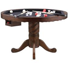 Bumper pool is a pocket billiards game played on an octagonal or rectangular table fitted with an array of fixed cushioned obstacles, called bumpers, within the interior of the table surface. Bowery Hill 5 Piece 3 In 1 Round Poker And Bumper Pool Table Set In Brown Walmart Com Walmart Com