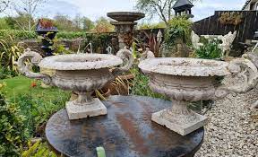 Pair French Cast Iron Garden Urns