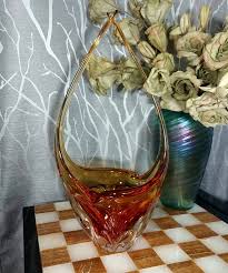 Art Glass Vase Vintage Amber Ribbed Art