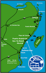 Vacation information for the rivirea maya. Map Of The Riviera Maya Mexico Including Playa Del Carmen Puerto Aventuras Akumal South Akumal Jade Bay Tankha Tulum And Solimon Bay Mayan Riviera Mexico