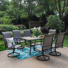 Phi Villa Black 7 Piece Metal Outdoor Patio Dining Set With Wood Look Umbrella Table And Padded Textilene Swivel Chairs
