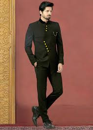 Black Asymmetric Rayon Bandhgala Jodhpuri Suit