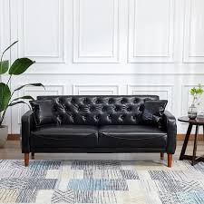 Kinwell 78 In Wide Square Arm Faux Leather Mid Century Modern Straight Tufted Sofa With Pillows In Black