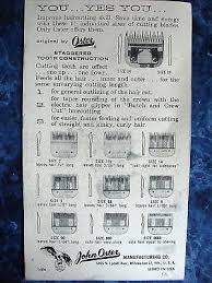 Vintage 1940s Barberhop Oster Clipper Size Chart Drawings