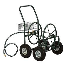 green steel garden hose reel cart