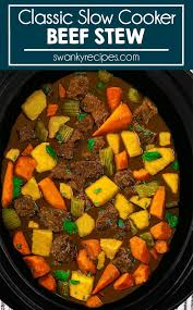 Transfer the browned stew meat to the slow cooker with the cream of mushroom soup, onion dip mix, and beef broth. Classic Slow Cooker Beef Stew Swanky Recipes