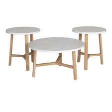 The aldrich coffee and end table set reflects clean and transitional style for any leaving room. 3 Piece Mid Century Modern Accent Table Set Faux White Marble Light Oak By Walker Edison