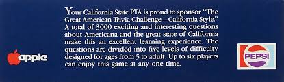 Instantly play online for free, no downloading needed! Amazon Com The Great American Trivia Challenge California Style 1985 By Pepsi Apple Computer Toys Games