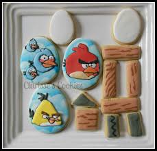 angry bird sugar cookies red bird, blue birds and yellow bird, eggs for my  son's birthday party - background airbrushed inspired by video tu…