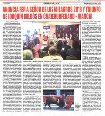 TAUROMAQUIAS - Primera bitácora taurina del Perú: DEL PAÍS. Anuncia Feria  del Señor de los Milagros 2018 y triunfo de Joaquín Galdós en Chateaurenard  – Francia