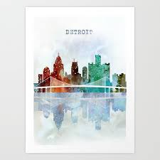 Detroit City Skyline Watercolor Art