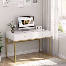 Find images of white desk. Tribesigns Computer Desk Modern Simple 47 Inch Home Office Desk Study Table Writing Desk With 2 Storage Drawers Makeup Vanity Console Table White And Gold Walmart Com Walmart Com
