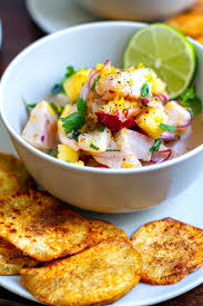 fish ceviche with pineapple yam chips