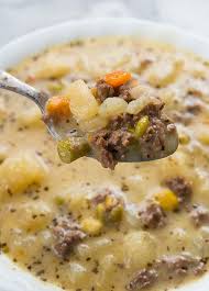 In a large bowl, combine the soup, cheese, mushrooms, pimientos, butter, thyme and salt. Creamy Potato Hamburger Soup The Kitchen Magpie