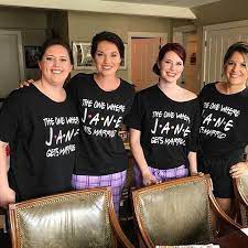 When pieced together, this adorable option displays a custom picture of you and each gal, plus a personalized will you be my bridesmaid? message. Diy Shirts With Our Decals Friends Bridal Shower Friends Bridal Bridal Party Tshirts