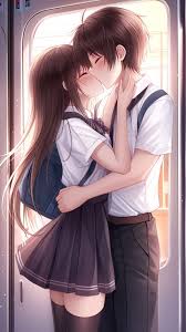 cute romantic anime couple kissing on