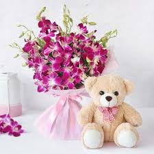 send bunch of orchid flowers and teddy