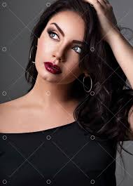 I was able to get 1 lippie from @lipkitbykylie i want them all makeup deets: Beautiful Bright Makeup Blue Eyes Woman With Long Black Curly Volume Black Hair Style Burgundy Lipstick With Vamp Looking Up On Grey Background Closeup Image Stock By Pixlr