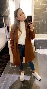 Brown Coat White Sneakers Outfit
