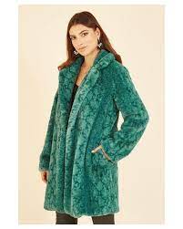 Green Snakeskin Print Faux Fur Coat