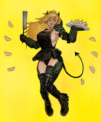 ma2 ereki, nikaidou (dorohedoro), dorohedoro, absurdres, highres, 1girl,  apron, black apron, blonde hair, breasts, demon horns, demon tail, holding,  horns, large breasts, long hair, open mouth, red eyes, sideboob, simple  background, smile,