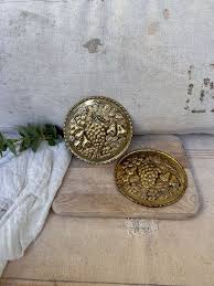 Set Of 2 Vintage Brass Enamel Embossed