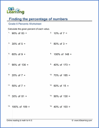 grade 6 math worksheets percene of