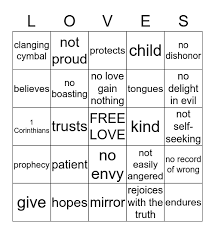 Tongues are good, prophecy and knowledge and faith are good, sacrifice is good. Love 1 Corinthians 13 Bingo Card