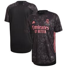 Real madrid and adidas have revealed the design for the club's third kit for the 2020/21 season.it is black and grey, combined with pink stripes. Real Madrid Authentic Third Shirt 2020 21