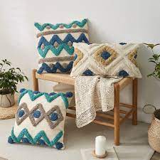 blue navy geometric embroidery cushion