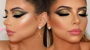 gold olive green cut crease makeup