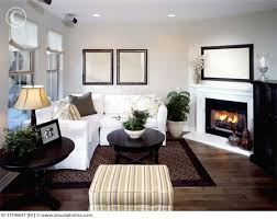 living room with corner fireplace