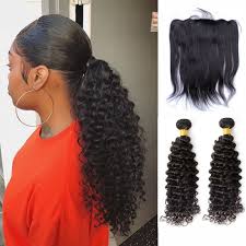 Sleek Down Ponytail 2 Bundles Natural Color Brazilian Deep Wave Weft With 1 Piece Straight Lace Frontal 13x4 Plb025