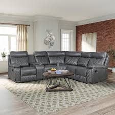 99 6 In W Square Arm Faux Leather L Shaped Reclining Sectional Sofa In Gray With Cup Holders And Hide Away Storage