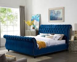 soft comfortable blue velvet bed base