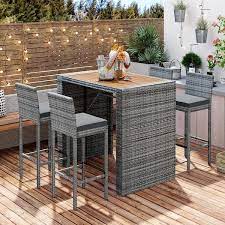 Gray 5 Piece Wicker Bar Height Outdoor Dining Set Patio Bar Set With Gray Cushions Acacia Wood Table Top