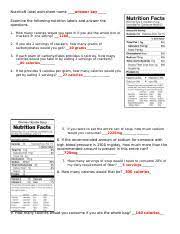 nutrition label worksheet name answer